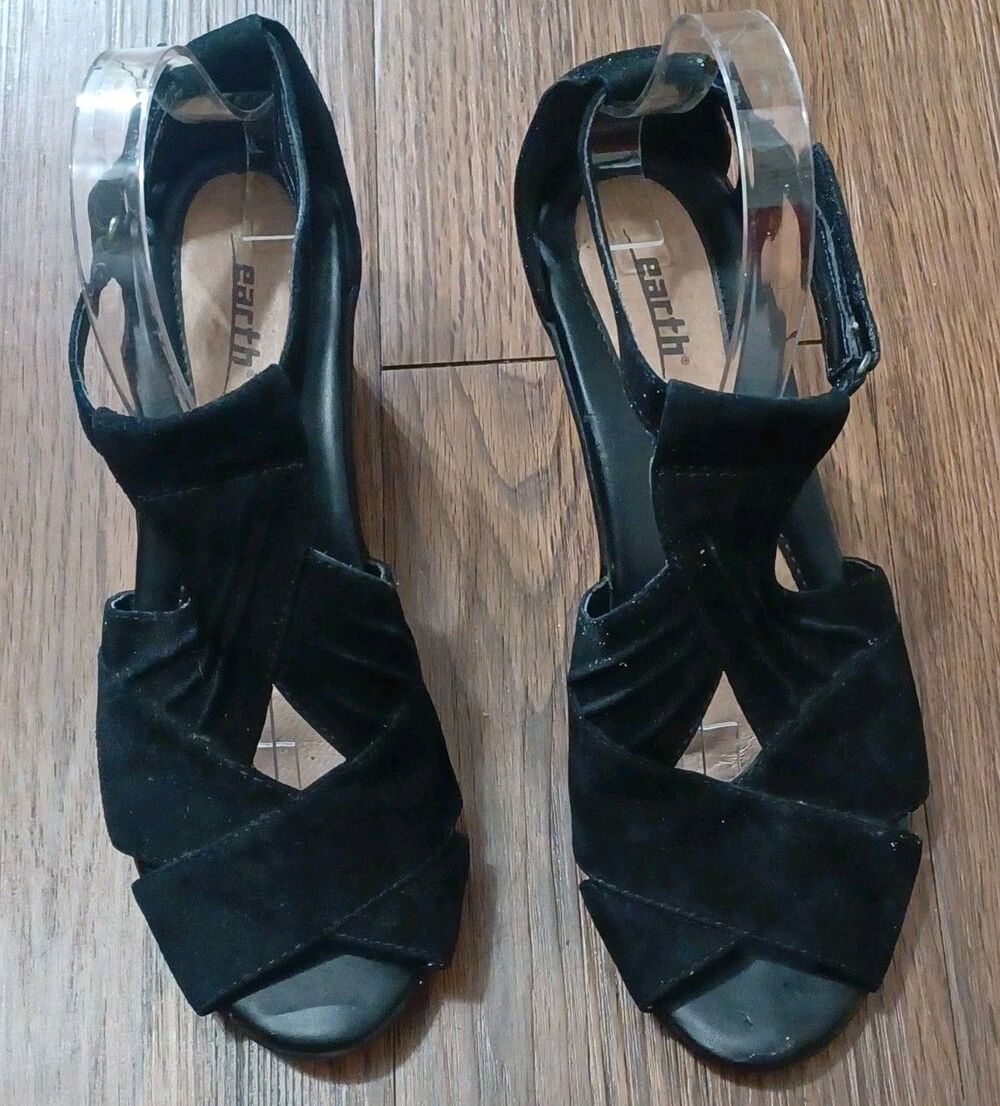 Earth Women's Black Suede Curvet Wedge Open Toe Sandals Sz 10B